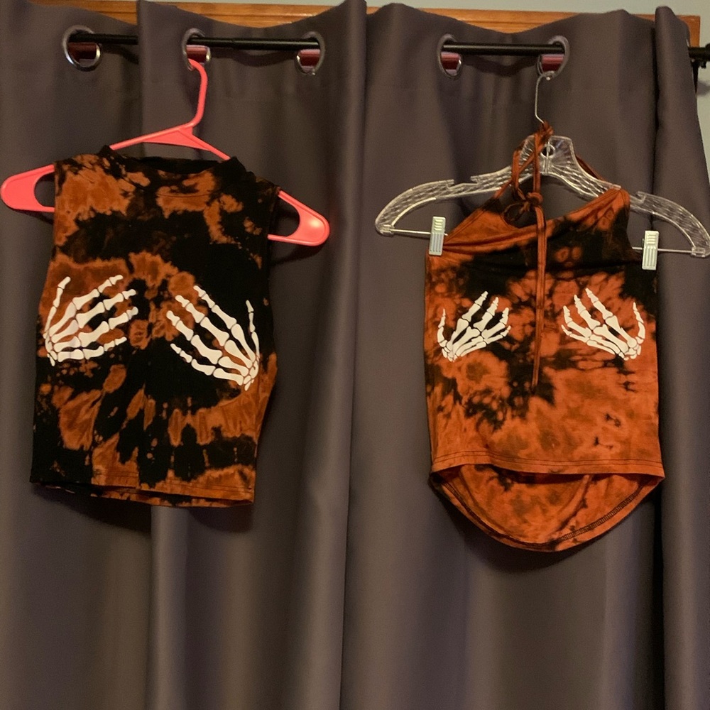 Skull hand tie dye crop tank tops💀🖤 Orange&black